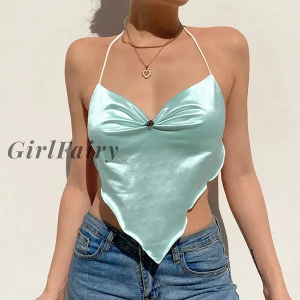 Only 8.62 usd for GirlFairy New GirlFairy Satin Cyber Y2k Brown Crop Top  Women Summer Indie Aesthetics Halter Diamond Tank Tops Camisole 90s  Aesthetic Clothes Streetwear Online at the Shop