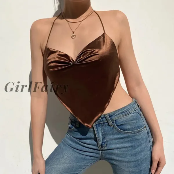 Only 8.62 usd for GirlFairy New GirlFairy Satin Cyber Y2k Brown Crop Top  Women Summer Indie Aesthetics Halter Diamond Tank Tops Camisole 90s  Aesthetic Clothes Streetwear Online at the Shop